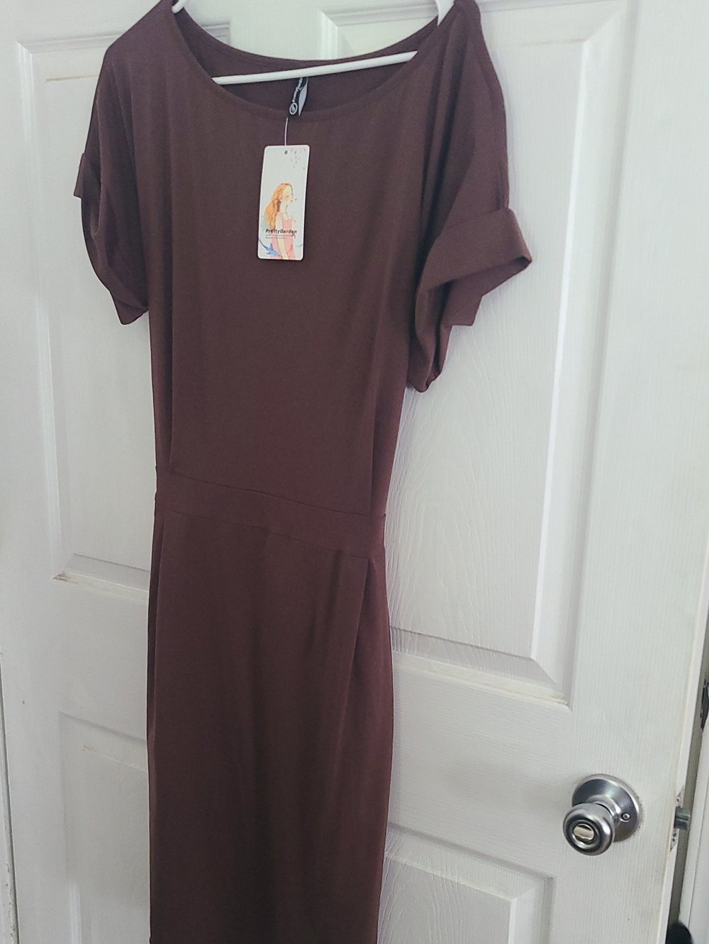 Pretty Garden Classic Brown Midi Dress with Rolled Short Sleeves